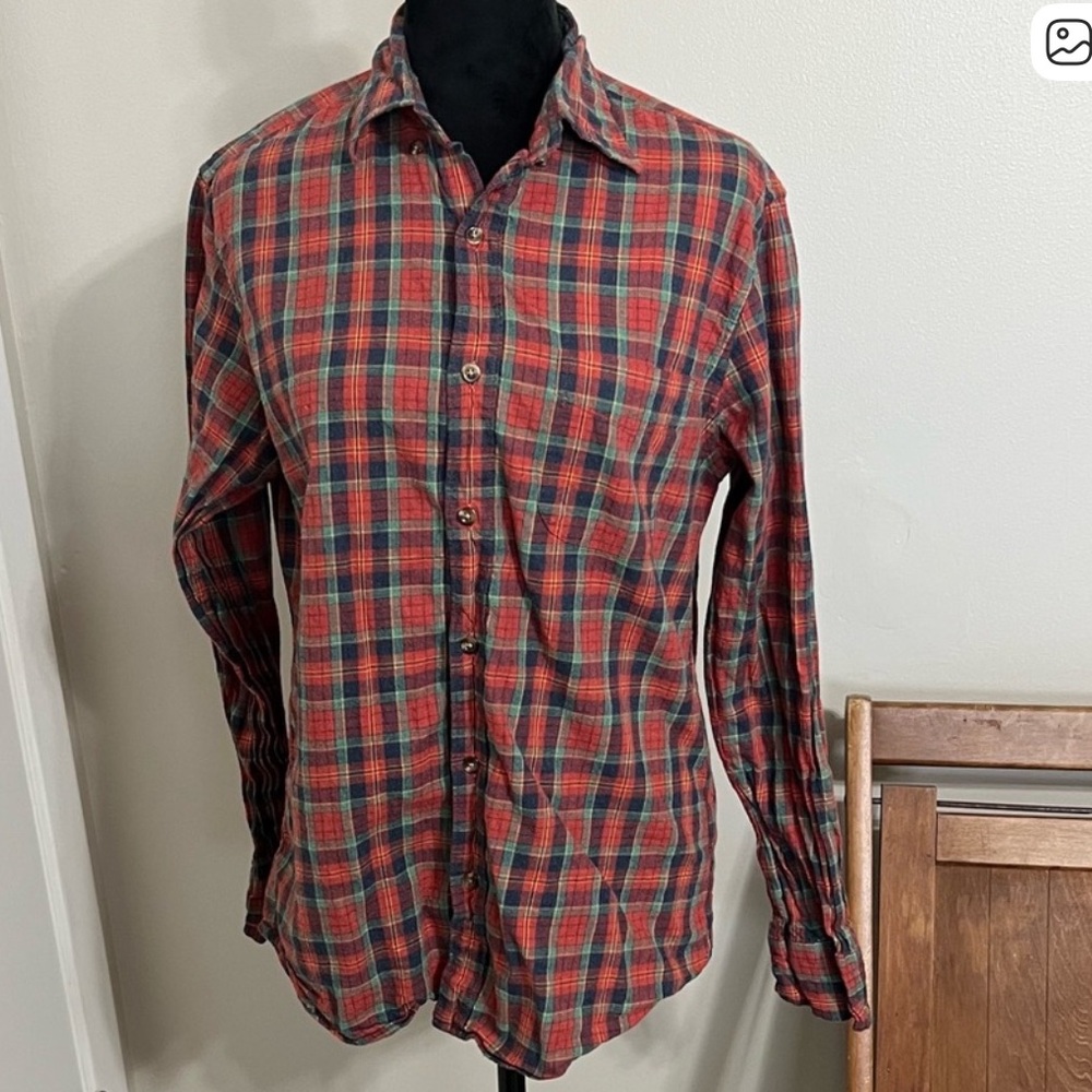 J Crew Slim fit Brushed Twill Plaid Red orange and Green Men's flannel shirt M